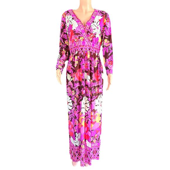 Vintage 60s 70s Psychedelic Mod Style Pink Mod Flower Maxi Dress Hostess Gown - Picture 6 of 16